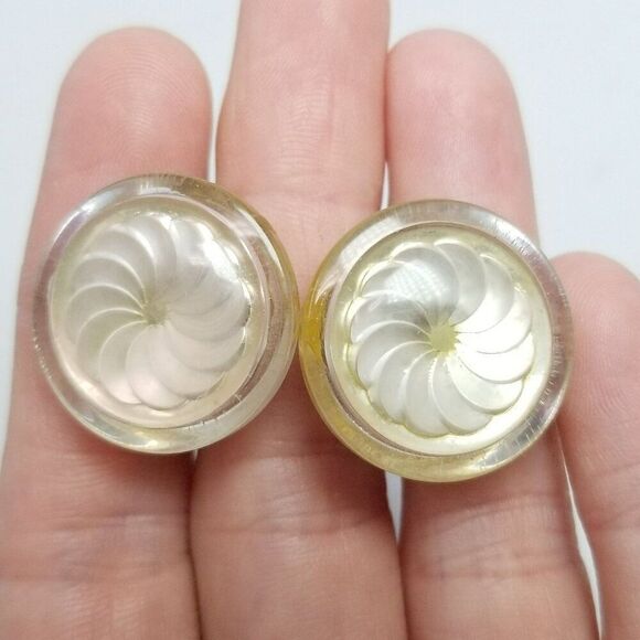 Vintage Button Conversion Clip On Earrings, Spiral Pearlescent Round Design - Picture 1 of 6